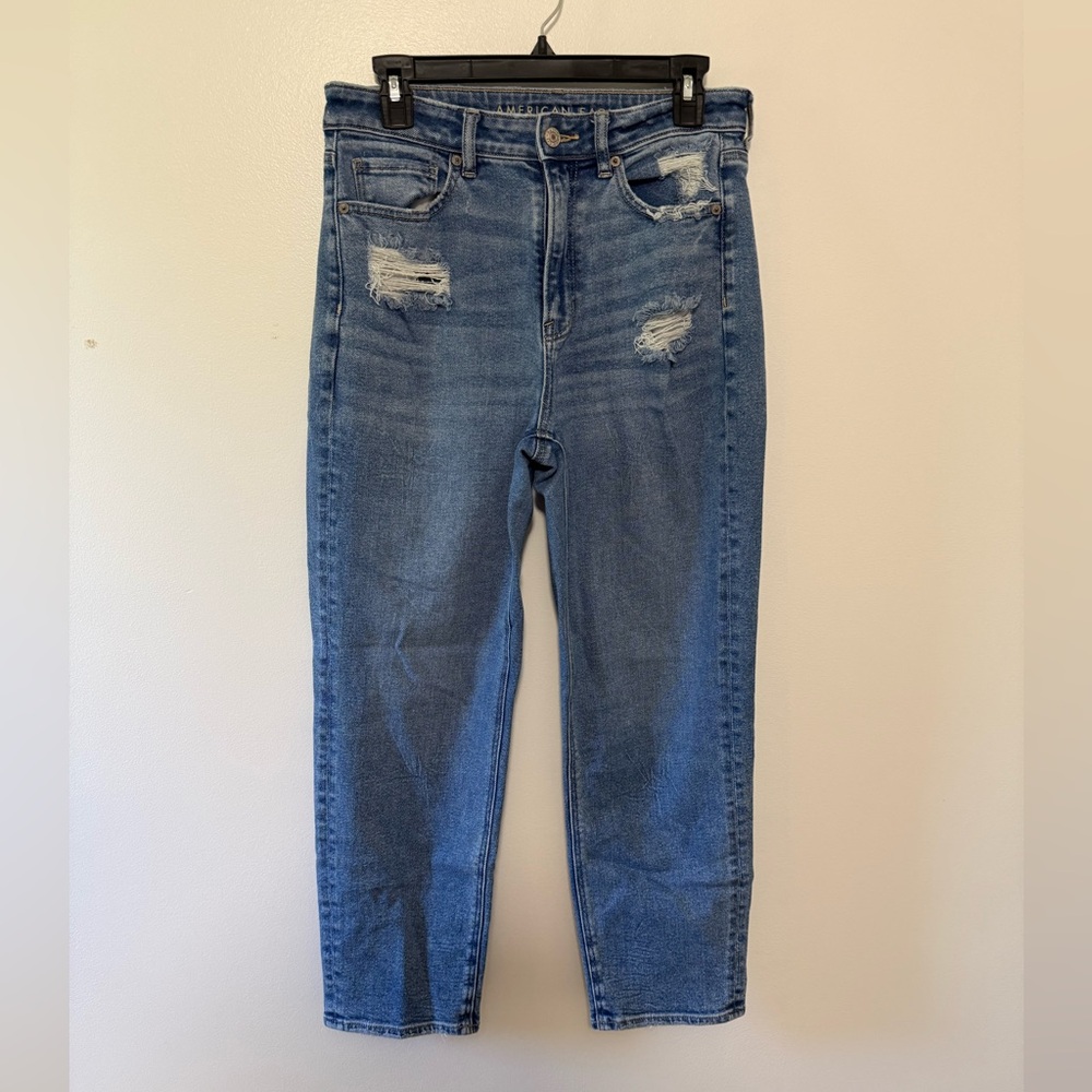 American Eagle Outfitters Blue Distressed Mom Straight Jeans